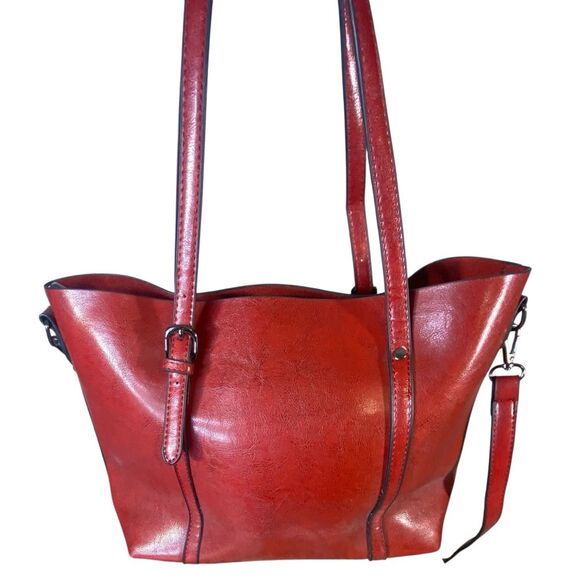 Popoti Red Leather Shoulder Bags Messenger Crossbody Tote with Adjustable Straps - Picture 3 of 13